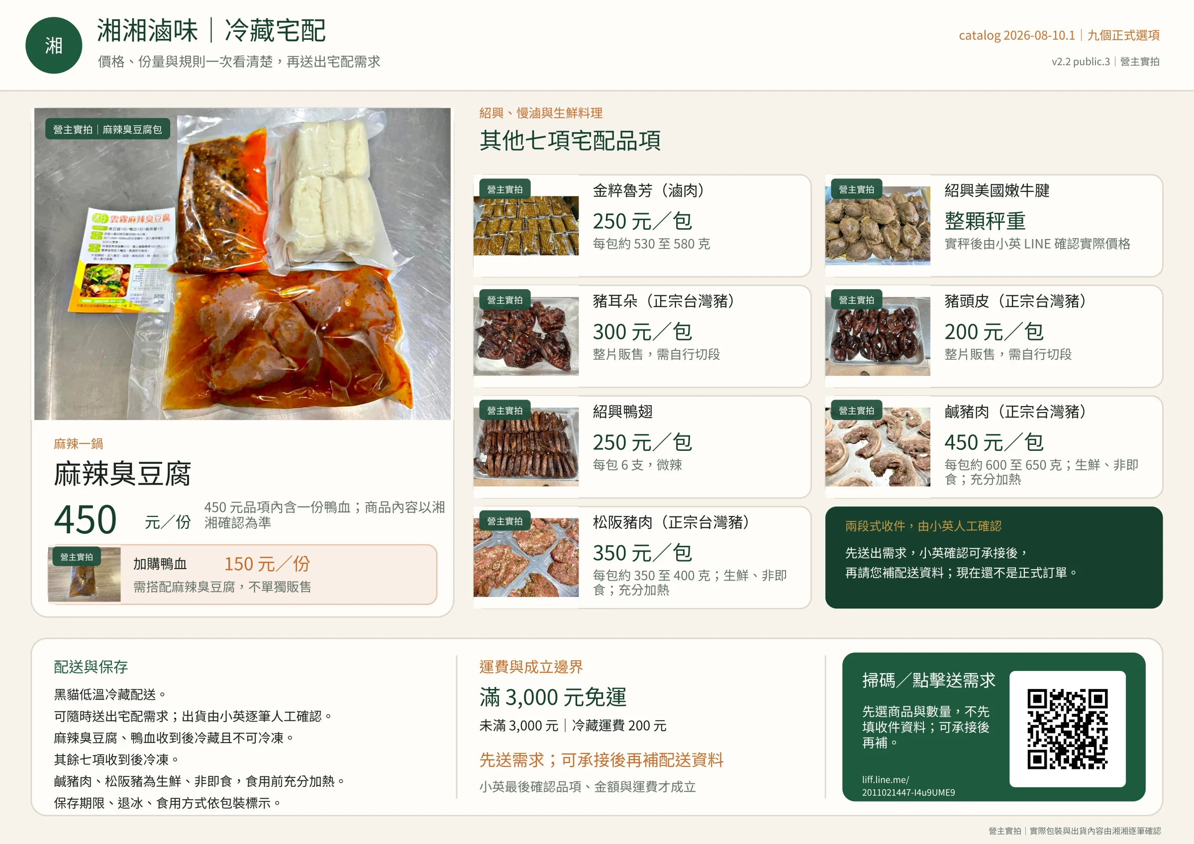 湘湘宅配九項商品營主實拍總覽，包含麻辣臭豆腐、加購鴨血、滷肉、牛腱、豬耳朵、豬頭皮、鴨翅、鹹豬肉與松阪豬肉的圖片和價格
