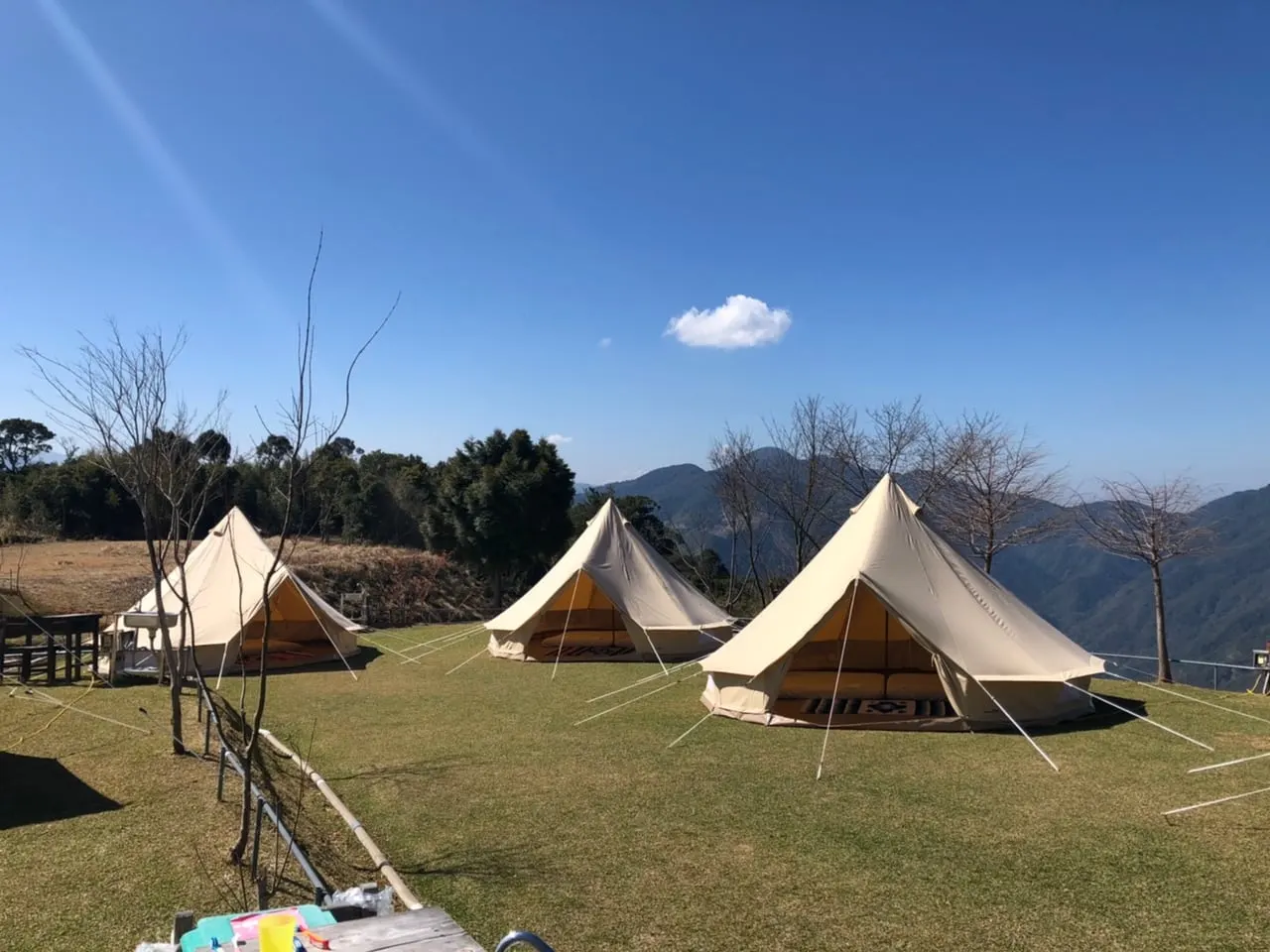 草地上搭設的多頂帳篷與山景